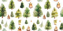 Christmas Seamless Pattern With Toys Christmas Trees, Acorn And Pine Cone, Decorative Watercolor Print For Textile, Wrapping Paper Or Greeting Ornament, Illustration Beautiful Green Trees
