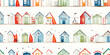 © Eli Berr - Colored beach huts with seagulls and beautiful decoration design elements isolated on white background. Seamless watercolor pattern, summer marine illustration for textile, wallpaper or wrapping paper
