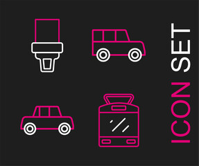 Sticker - Set line Tram and railway, Car, and Safety belt icon. Vector