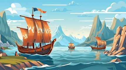 Wall Mural - Abstract background Vikings. Eye-catching banner design that captures the spirit of adventure with an illustration of a Viking ship navigating the open sea. Generative AI.