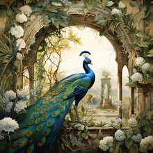 Traditional Mughal Garden, Arch, Peacock, Plant And Bird Illustration
