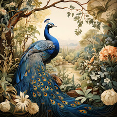 traditional mughal garden, arch, peacock, plant and bird illustration