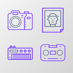 Sticker - Set line Retro audio cassette tape, Music synthesizer, Photo and camera icon. Vector