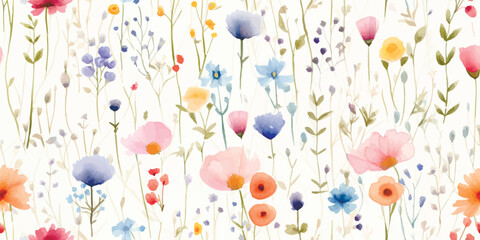 Floral meadow, watercolor seamless pattern with abstract wildflowers, summer colorful illustration on ivory background in provence style