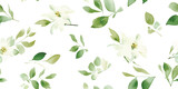 Fototapeta Kwiaty - Floral pattern with green branches and leaves, watercolor seamless print on white background