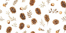 Floral Seamless Pattern With Cones And Acorns, Watercolor Illustration Isolated On White Background In Minimalism Style For Autumn Print, Christmas, New Year Textile Or Wrapping Paper For Gifts