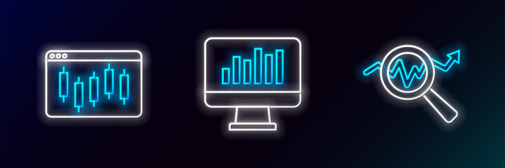 Sticker - Set line Search data analysis, Browser with stocks market and Monitor graph chart icon. Glowing neon. Vector