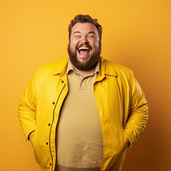 Excited fat man celebrating success. Happy plus size bearded man on yellow background