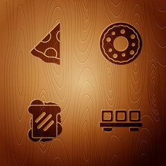 Poster - Set Sushi on cutting board, Slice of pizza, Sandwich and Donut on wooden background. Vector