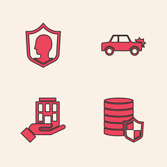 Sticker - Set Money with shield, Life insurance, Car and House hand icon. Vector