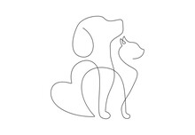 Continuous One Line Art Of Cat And Dog Vector Illustration. Pro Vector.