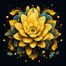 There Is A Yellow Flower With Green Leaves On A Black Background. Generative Ai.