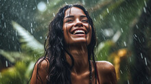 Happy Beautiful Indian Girl Under Tropical Rain. Wet Hair And Shirt.