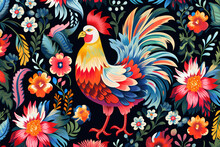 Image Of Pattern Design Using Rooster And Flowers And Leaves. Farm Animals. Illustration, Generative AI.