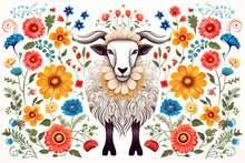 Image Of Pattern Design Using Sheep And Flowers And Leaves. Farm Animals. Illustration, Generative AI.