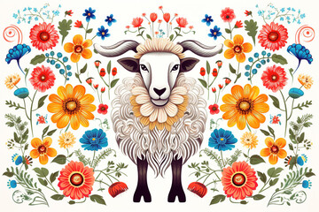 Fototapete - Image of pattern design using sheep and flowers and leaves. Farm animals. Illustration, Generative AI.