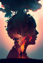 Mental Health Concept, Portrait Silhouette Of Human Face With Fire And Trees, Psychological Problems Or Depression. Generative AI