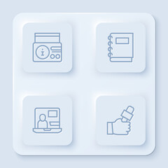 Poster - Set line News on radio channel, Notebook, World news and Journalist. White square button. Vector