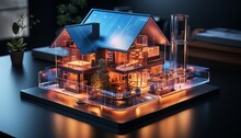 Smart Home, Wireless Hot:2 Signal, 3d Icon, Isometric, Dark Blue Lighting, Red Gradient Frosted Glass Building