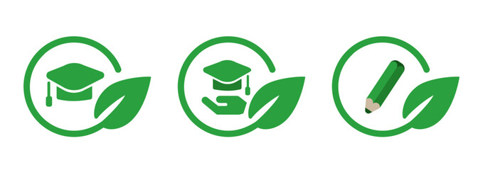 graduate hat and pencil in green leaves circle icon symbol of environmental friendly school eco study education