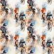 Watercolor illustration with splashes and streaks of paint: cyclists seamless pattern. AI