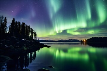 An eye-catching photo showing the Northern Lights (Aurora Borealis) dancing in the starry night, creating a colorful spectacle.