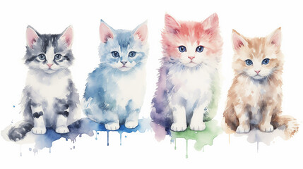 Wall Mural - multicolored watercolor cats on a white background isolated. generative AI