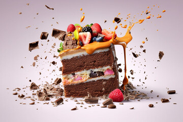 Wall Mural - Piece of cake with berries and splashes of chocolate on a background