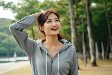 Poster - Happy young asian woman smiling before workout sport exercises outdoors at park.