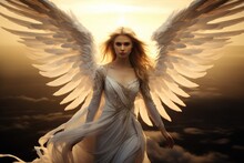 Woman In White Dress With Angel Wings.