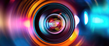 Video Camera Lens Close Up. 21 To 9 Aspect Ratio. Generative AI