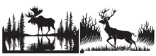 Deer And Moose Vector Silhouette Illustration, Black Shapes