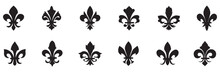 Set Of Fleur De Lis Vector Icons. Floral Ornament. Black Heraldic Ornament. Lily Flower Symbol. Vector Illustration. Vector Graphic. EPS 10