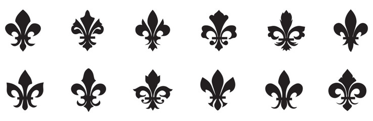 set of fleur de lis vector icons. floral ornament. black heraldic ornament. lily flower symbol. vect