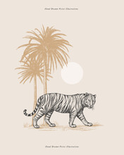 African Tiger, Bright Sun And Palm Tree In Engraving Style. Big Wild Cat Hand Drawn On A Light Background. Predatory Wild Animal Of The Savannah. Vector Illustration.