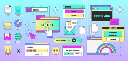 Fototapete - Vaporwave pc desktop with user interface elements in trendy y2k retro style. Icons set of computer windows, dialog box. 90s old browser with tabs, message boxes, loading bar, button and symbols.