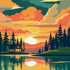 Wall Mural - sunset on the lake