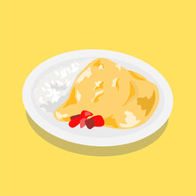 Flat Art Isolated Side Way Of OMU Or Omelette Rice Dish Food Menu Vector Concept Illustration.