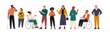 Fototapeta Dinusie - Team Inclusiveness. Vector cartoon illustration of a group of diverse people with different characteristics: old age, disability, nationality, and religion that interact with each other. 