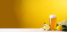 Long Banner, On A Yellow Background A Glass With Lemon Cider And Lemons. Copy Space For Design.