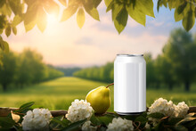 Banner Ad For Pear Cider. Illustration With A Bottle, Fruits On The Background Of A Blooming Garden.