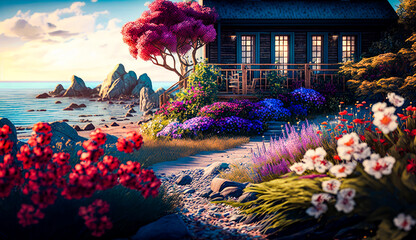 Wall Mural - Painting of house by the water with flowers in the foreground. Generative AI.