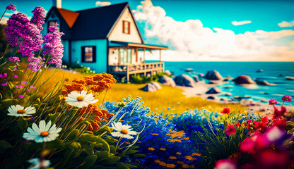 Wall Mural - Painting of house by the ocean with flowers in the foreground. Generative AI.