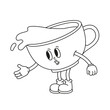 The hand-drawn retro character of a coffee cup. Vector illustration in trendy retro cartoon style. Line art.