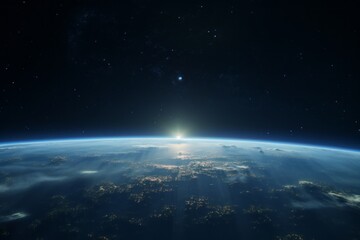 generative ai, a view of planet earth from the orbital station, earth and sun, sun rising on the edg
