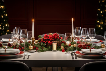 Wall Mural - festive christmas dinner setting. Seasonal holiday dining background.