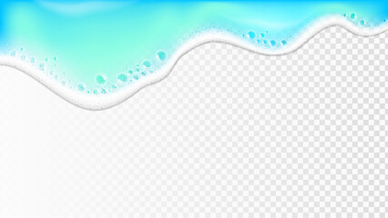 Realistic Sea wave on shore. 3d Azure blue ocean water with foam, bubbles backdrop on transparent background . Or dripping detergent foam with water