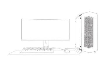 Poster - Contour of gaming computer, monitor with keyboard and mouse. Vector illustration
