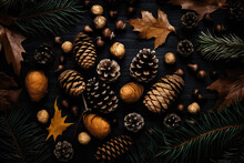 Fallthemed Flat Lay With Acorns, Leaves, And Pine Cones Against A Black Background. Generative AI