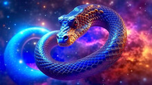 A Snake In Galaxy Universe On Space Glowing Background.Animals In The Chinese Zodiac Calendar, Esoteric Horoscope